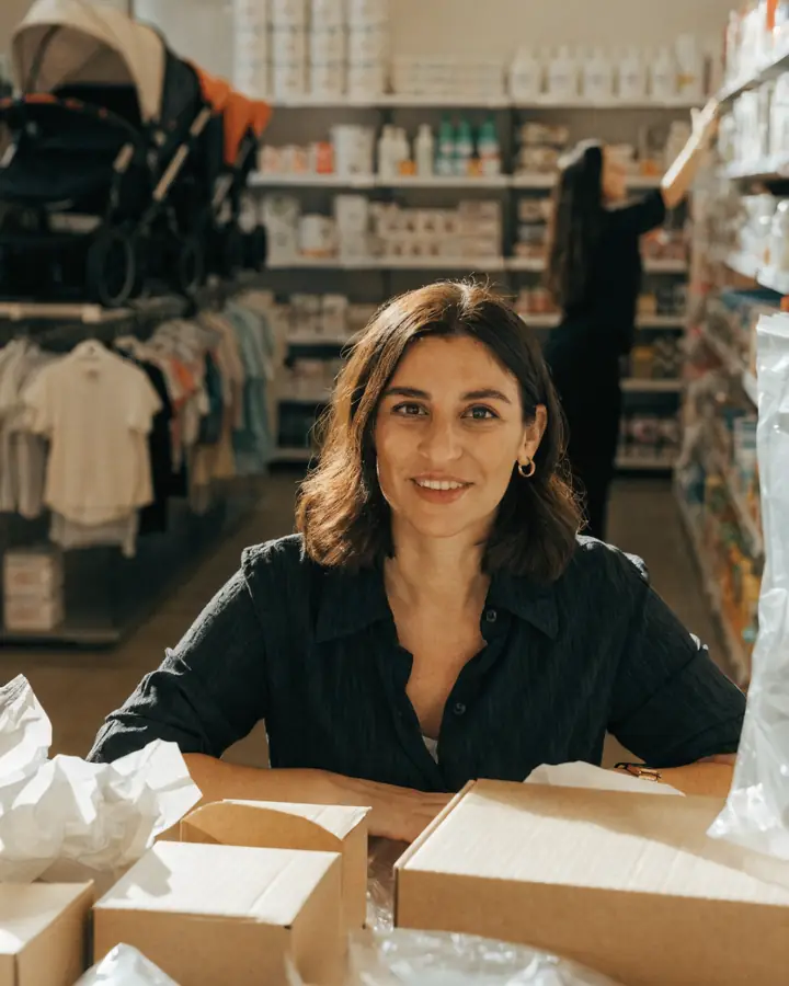 Anne-bebek mağazasında paketleme tezgâhı; arkada dolu reyonlar