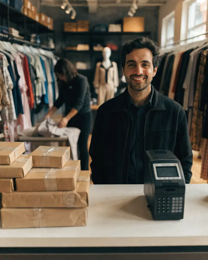Butik giyim mağazasında tezgâhta hazırlanan kargo paketleri